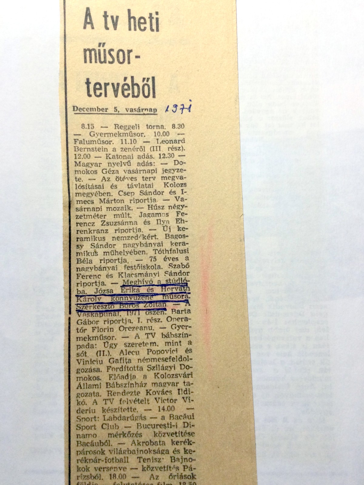 1971 dec 5 Meghivó a stúdióba